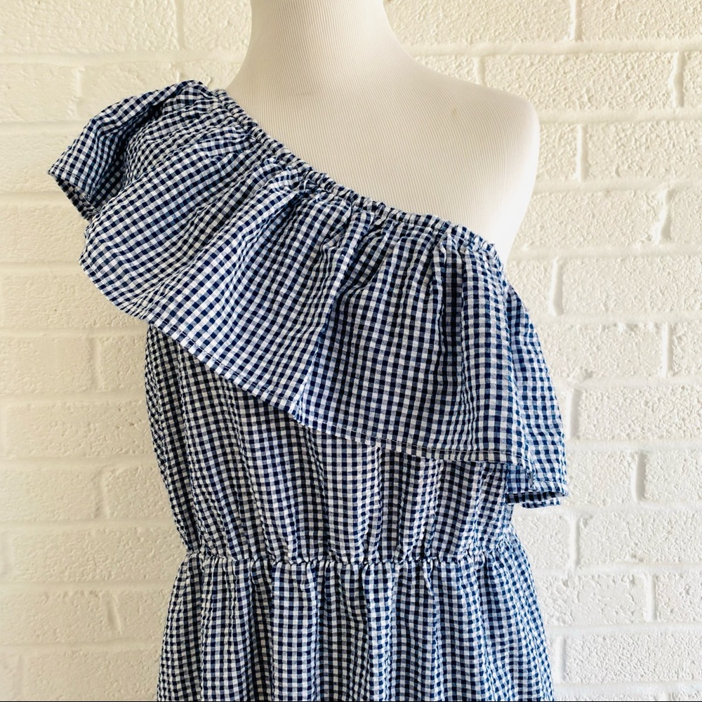 MINKPINK GINGHAM DRESS SUMMER LARGE ONE SHOULDER RUFFLE MINI WANDERER BLUE WHITE - Picture 7 of 15